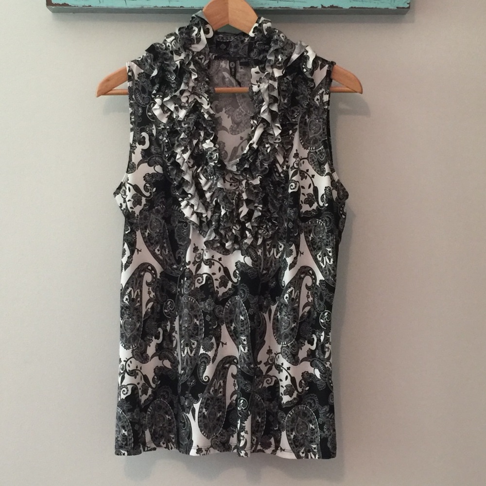 Milano Black and White Paisley Ruffle Sleeveless Blouse